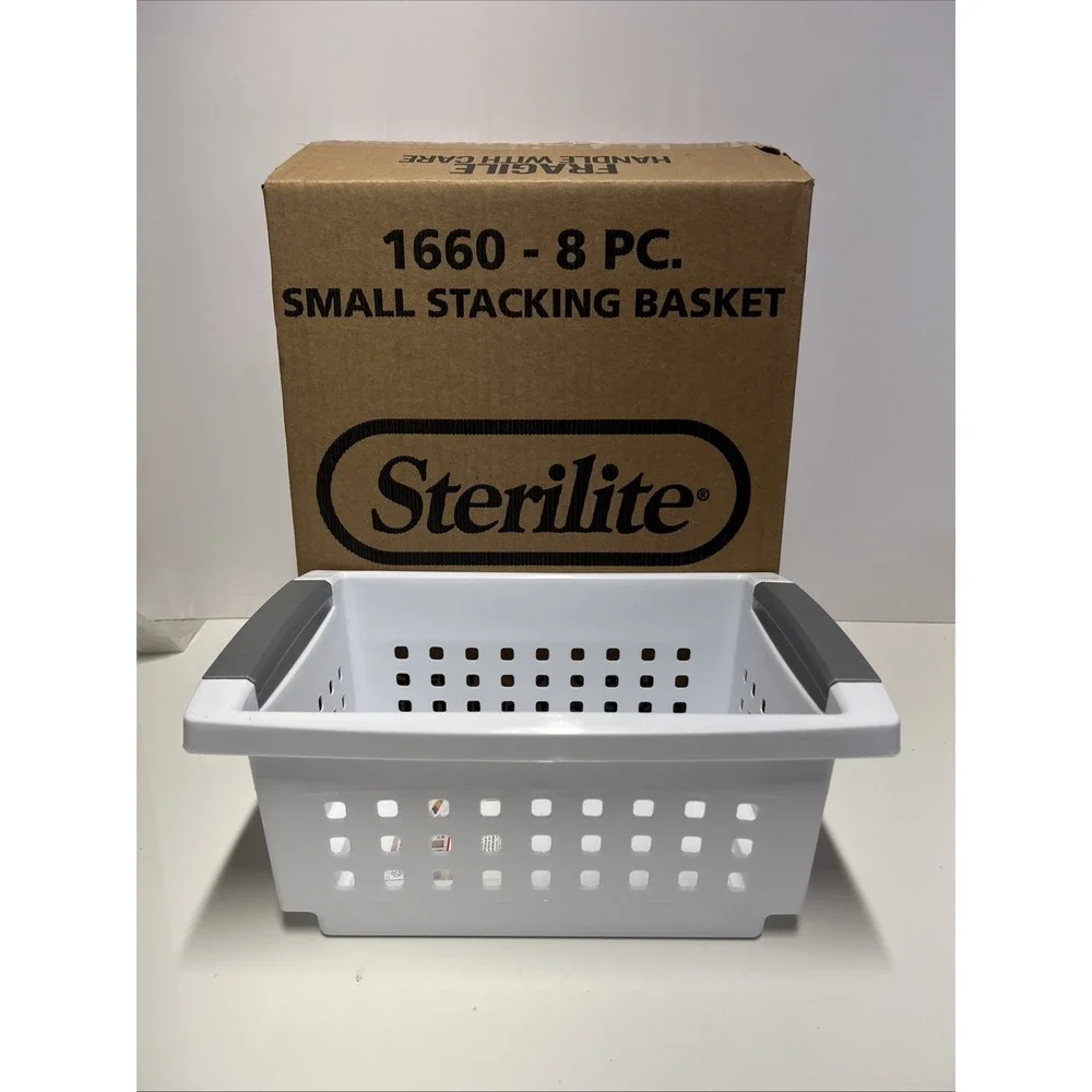 8 Pack Sterilite Small Stacking Storage Basket with Comfort Grip Handles, White